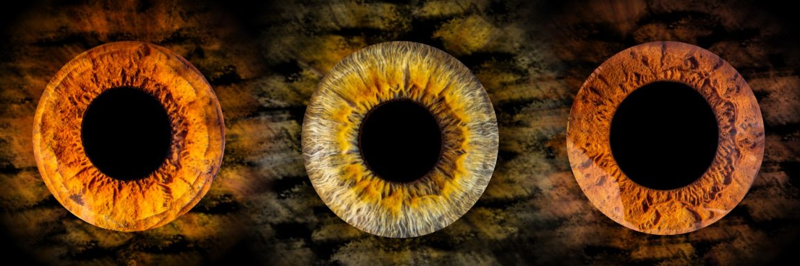 Drei Iriden Drei runde, leuchtende Augen in verschiedenen Farben vor einer steinernen Wand.